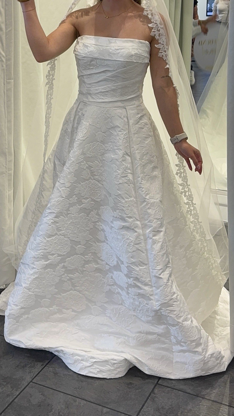 Oleg Cassini CWG1048 White Off the Shoulder Jacquard Ball Gown Wedding Dress
