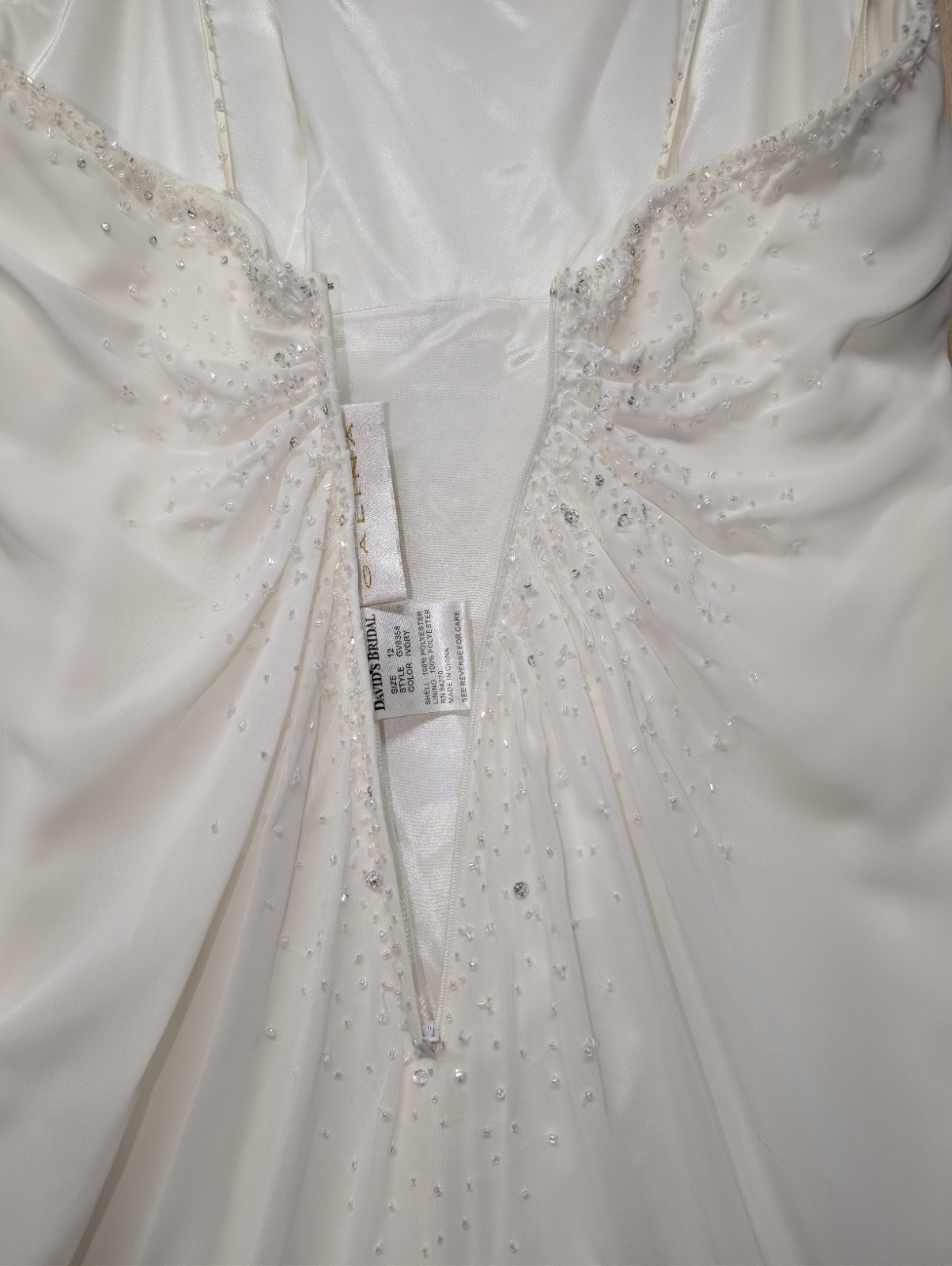 David’s Bridal Gown Galina Sz 12 Ivory Iridescent Beaded Cowl Neck Wedding Dress