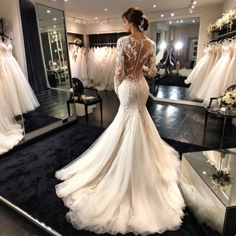 Mermaid V Neck Long Sleeve Wedding Dresses Beach Bridal Gowns Sweep Train White
