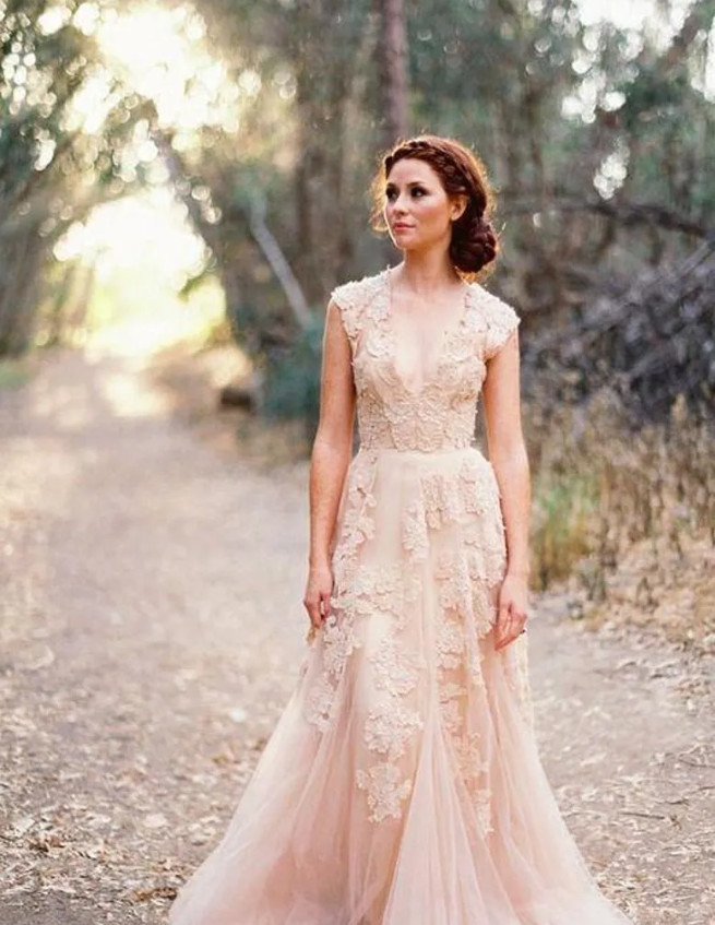 Boho Blush Pink Delicate Lace A Line Wedding Dress Deep V Neck Romantic Reem