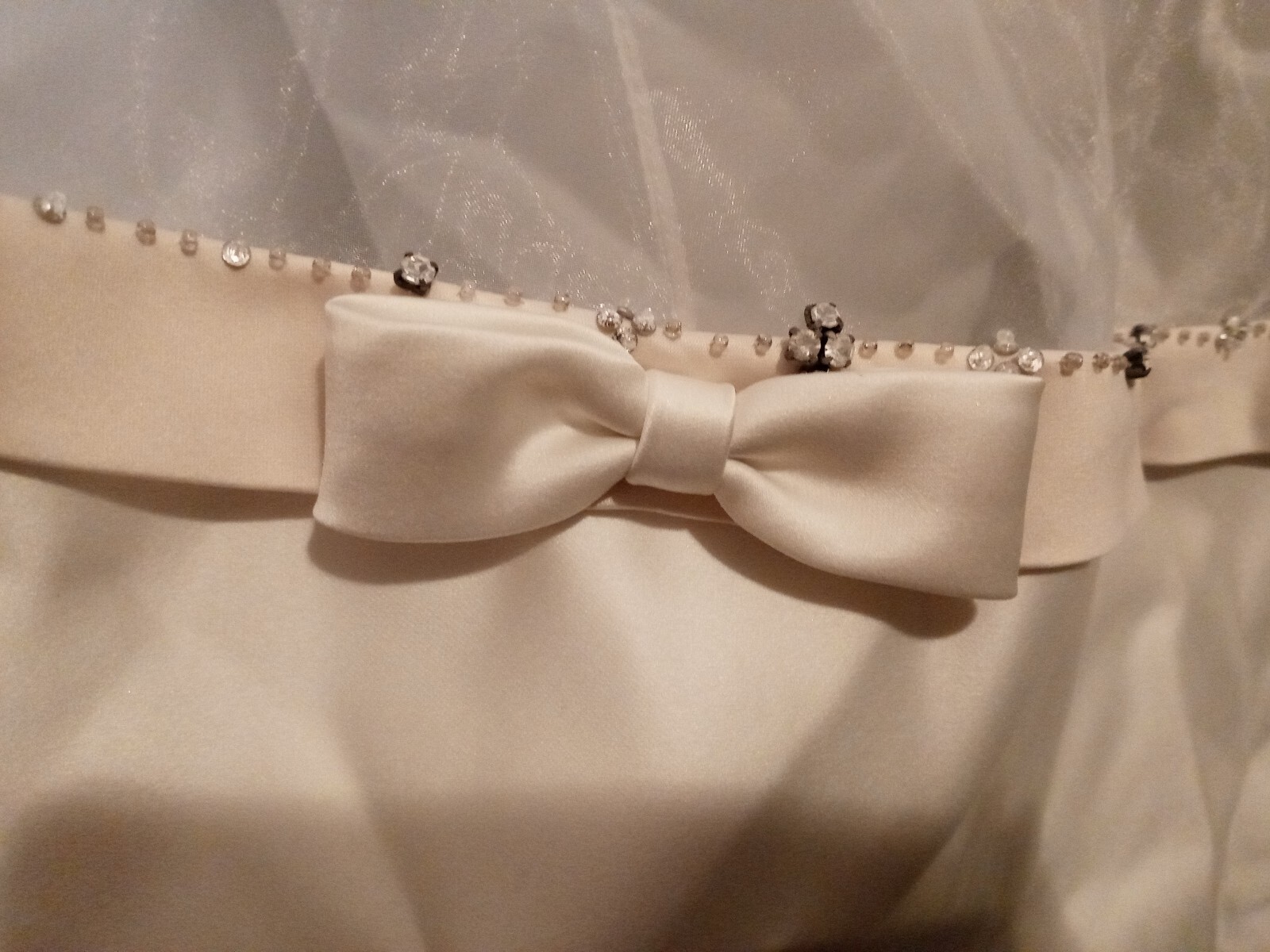 Elegant Wedding Dress,Beige & Ivory, Matte Satin W Tull W Train.Bow tie. Size 8.