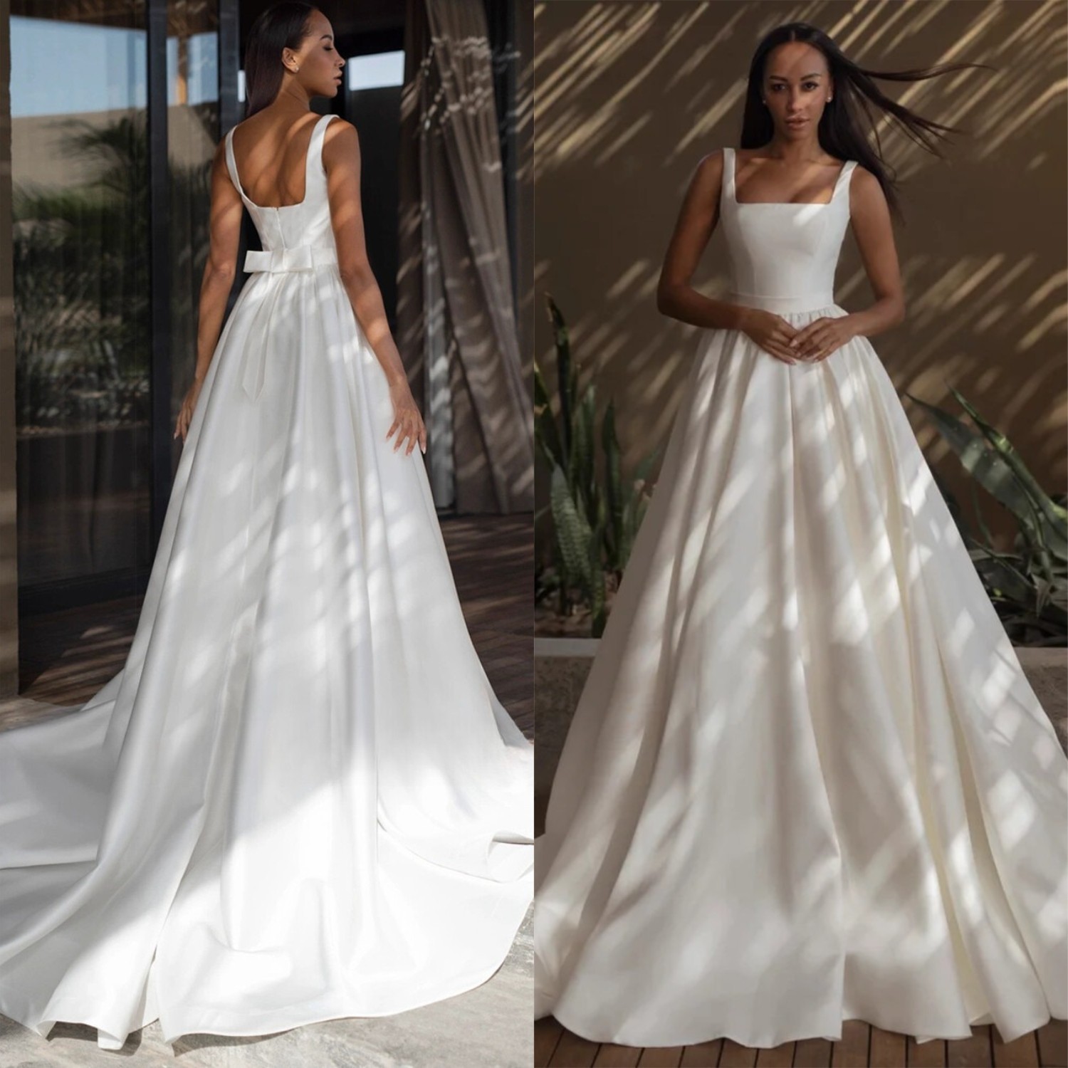 Simple Pleated Wedding Dresses Square Neck Sleeveless Backless Satin Bridal Gown