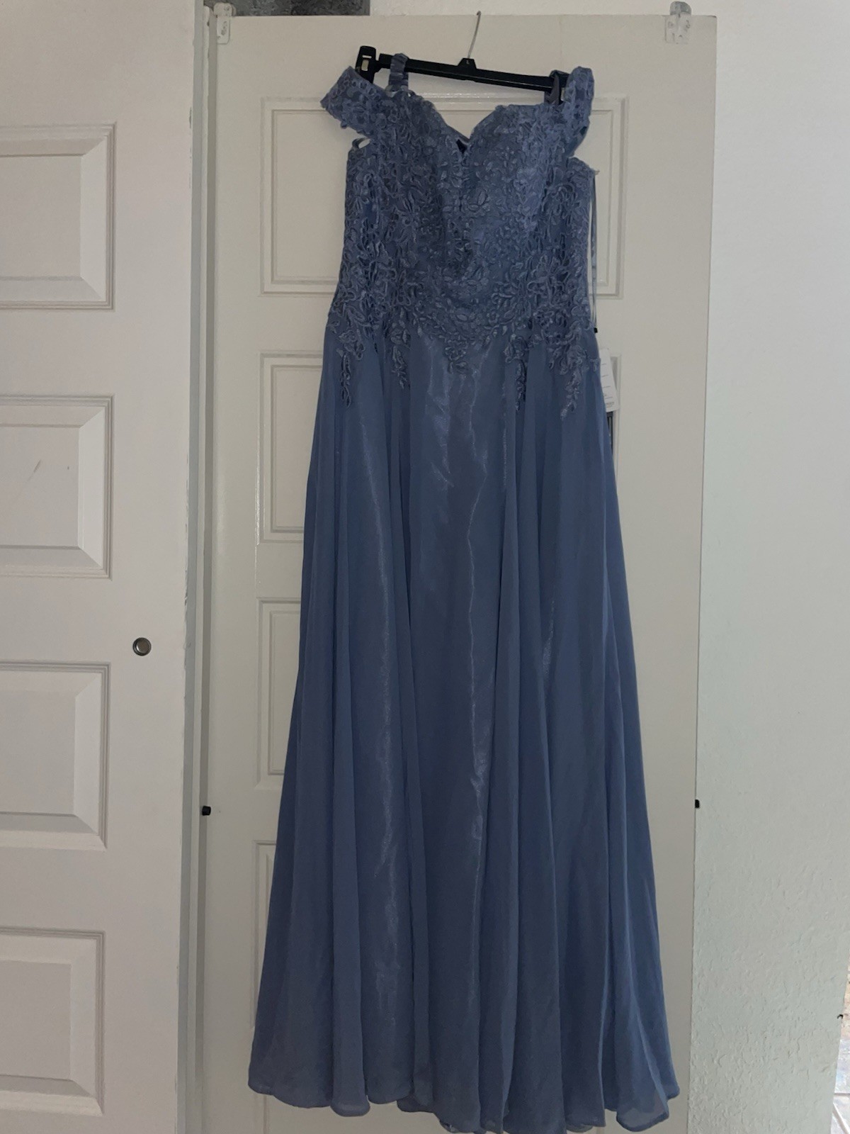 Eva Dress Slate Blue L Off-shoulder EV5239 Chiffon Corset Back NWT