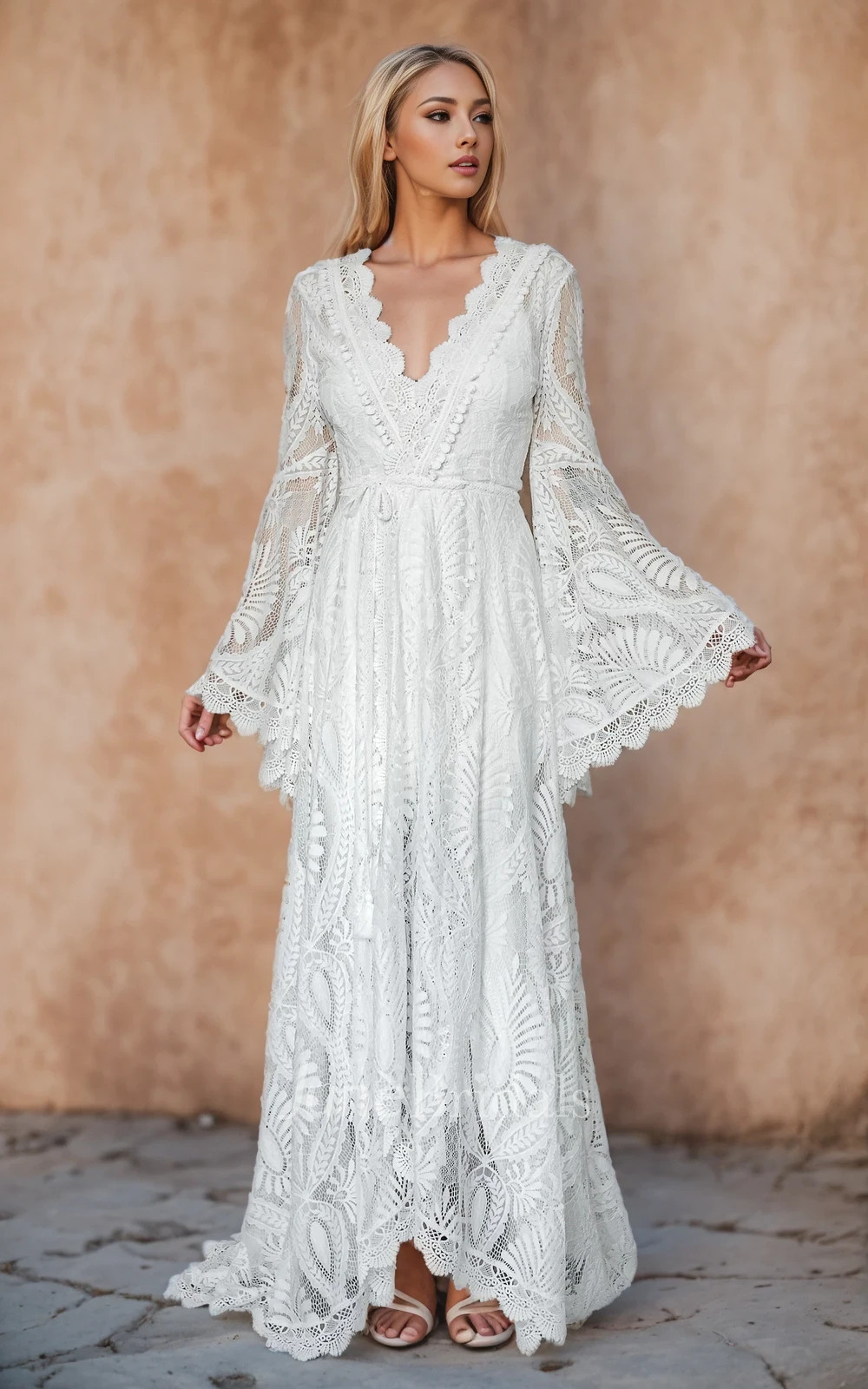 Summer Floral Beach A-Line Boho Lace Long Bell Sleeve Wedding Dress BRAND NEW