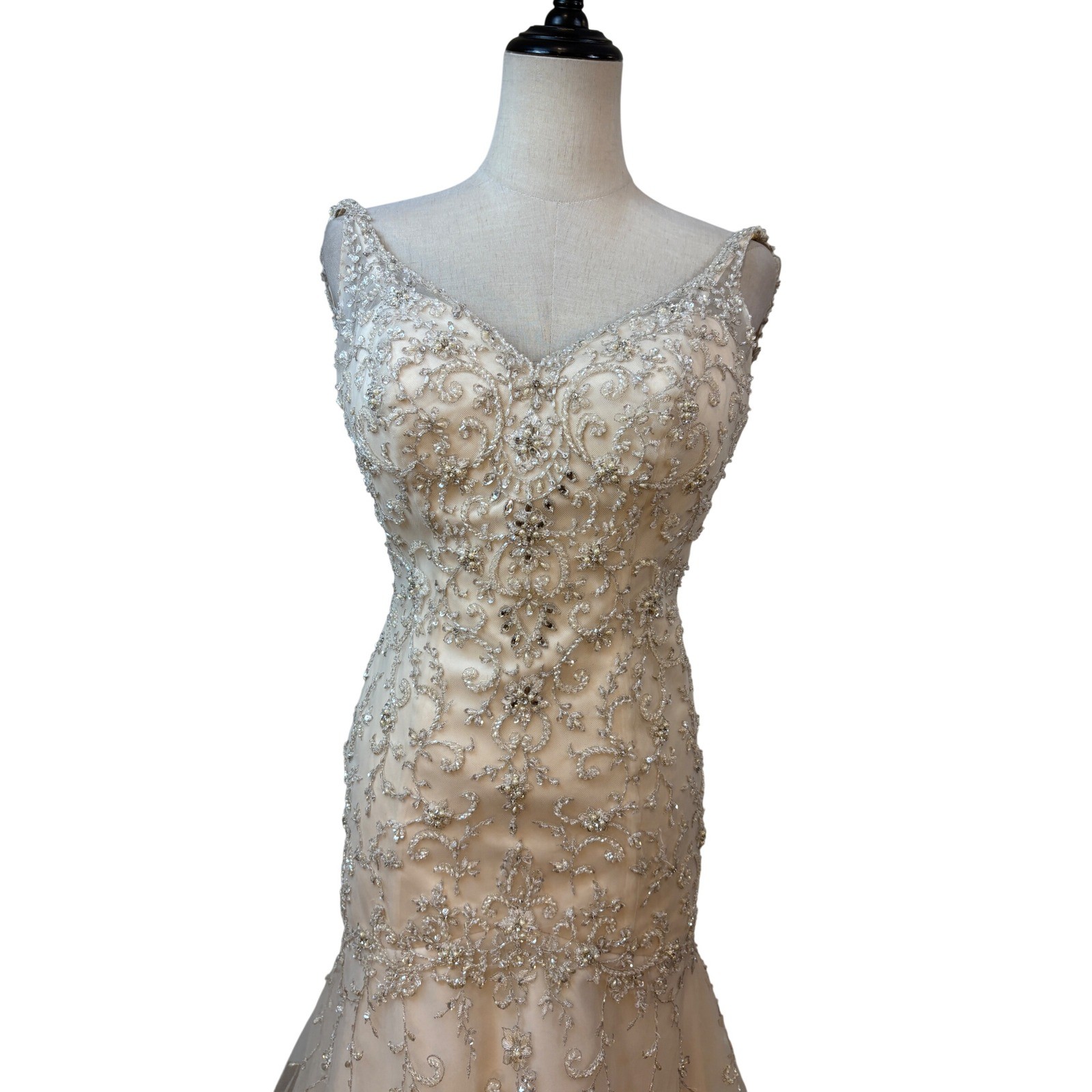 Stella York Wedding Gown 10 Champagne Mermaid Beaded Open Back train drop waist