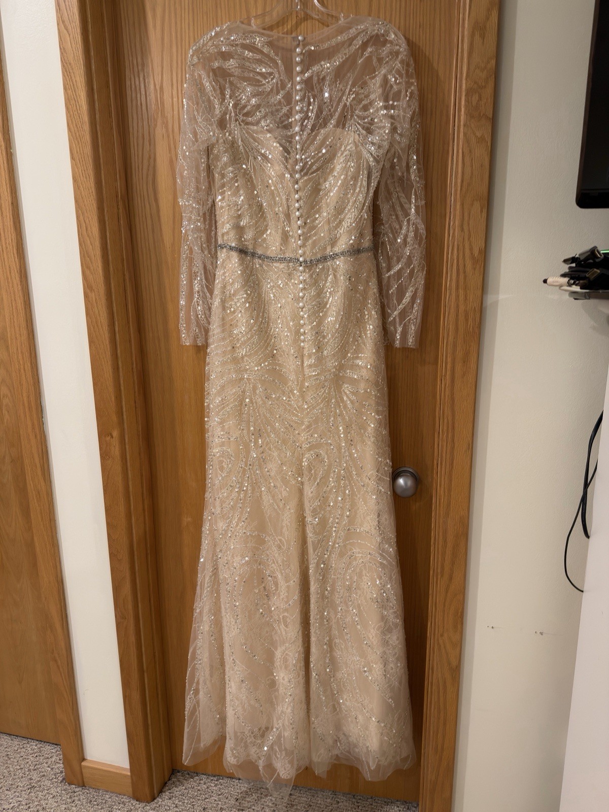 Tarik Ediz Beige Illusion Long Sleeve Beaded Sequin Mermaid Full-Length Gown