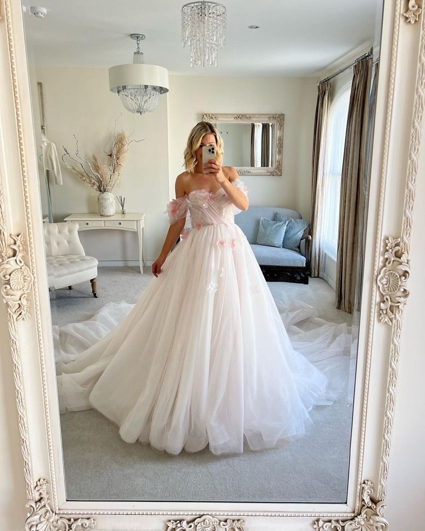 Milla Nova Off-Shoulder Ivory Pink Floral Ball Gown Wedding Dress with Train