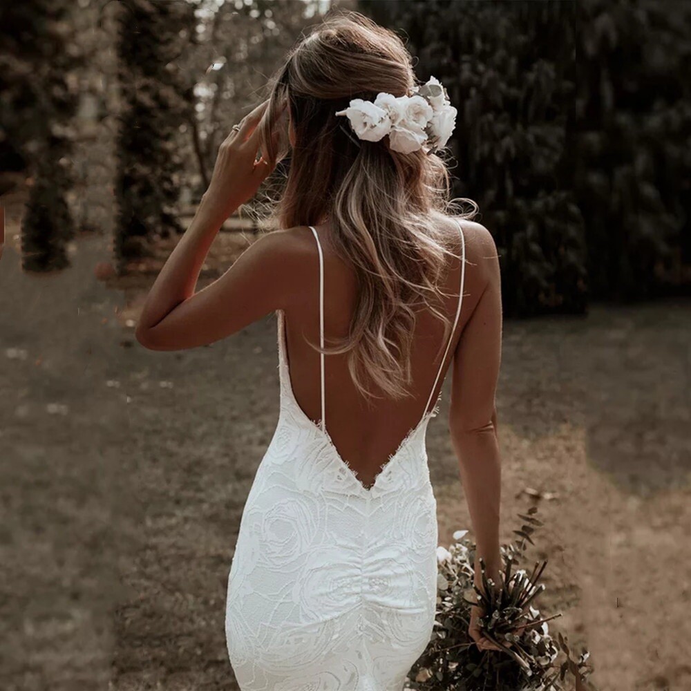 Boho Backless Spaghetti Strap Lace V Neck Mermaid Bridal Gown Wedding Dress