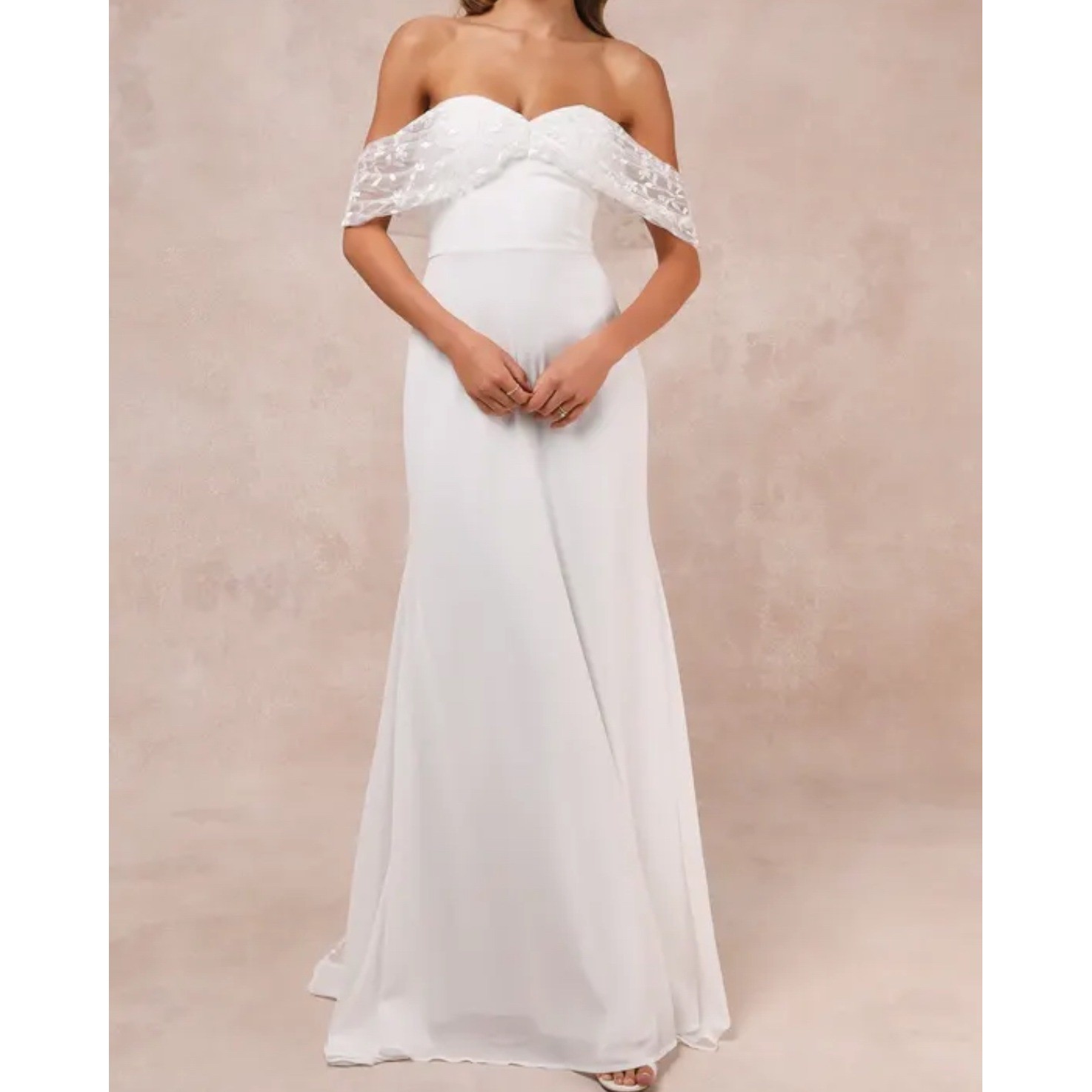 Lulus Beloved Beginning White Off Shoulder Lace Bodice Wedding Dress Maxi Sze XS