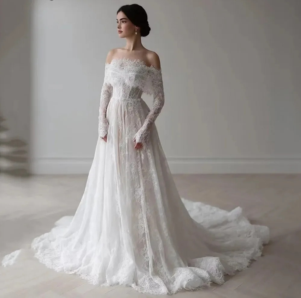 Off Shoulder Long Sleeve Lace Wedding Dress A Line Tulle Vintage Bridal Gown