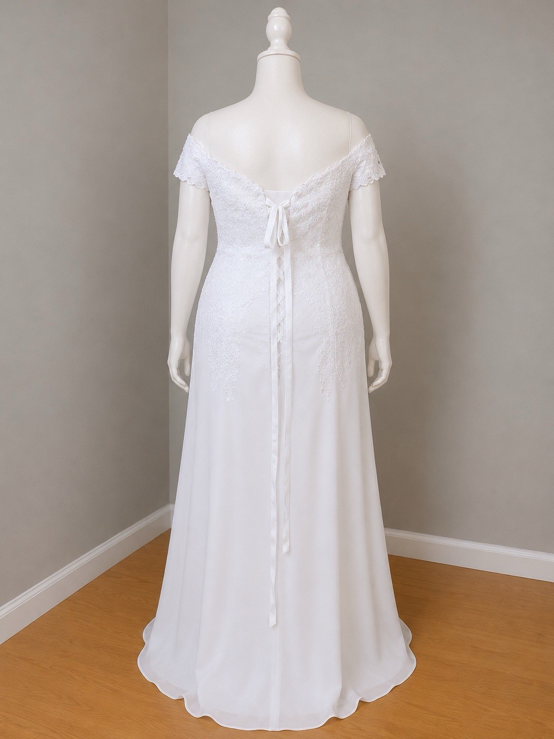 #8-16 White Off The Shoulder Sequin Appliqué Chiffon Long Dress-3X/Size 22/24