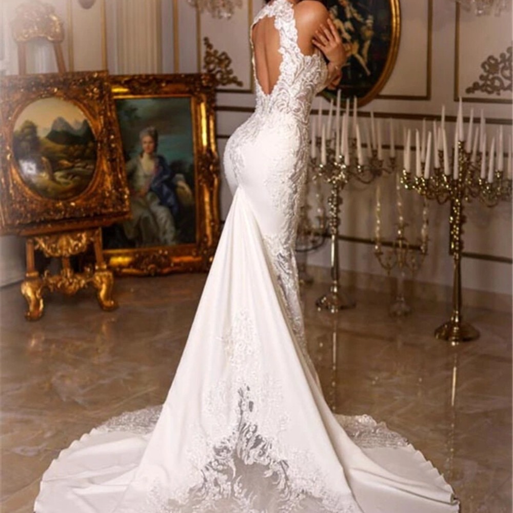 Hanging Neck Sleeveless Sexy Mermaid Wedding Dresses With Lace Decal Bridal Gown