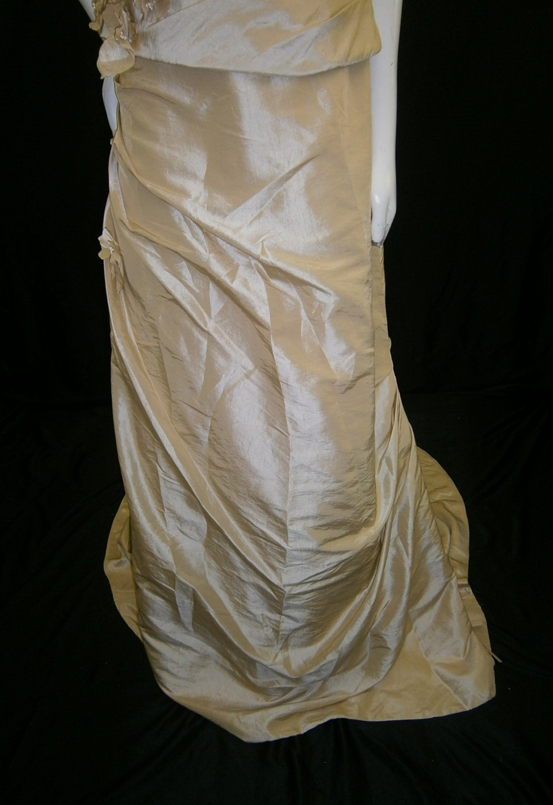 Gold Satin Wedding Dress Strapless Ruching Side Drape & Dangles Pearl Buttons