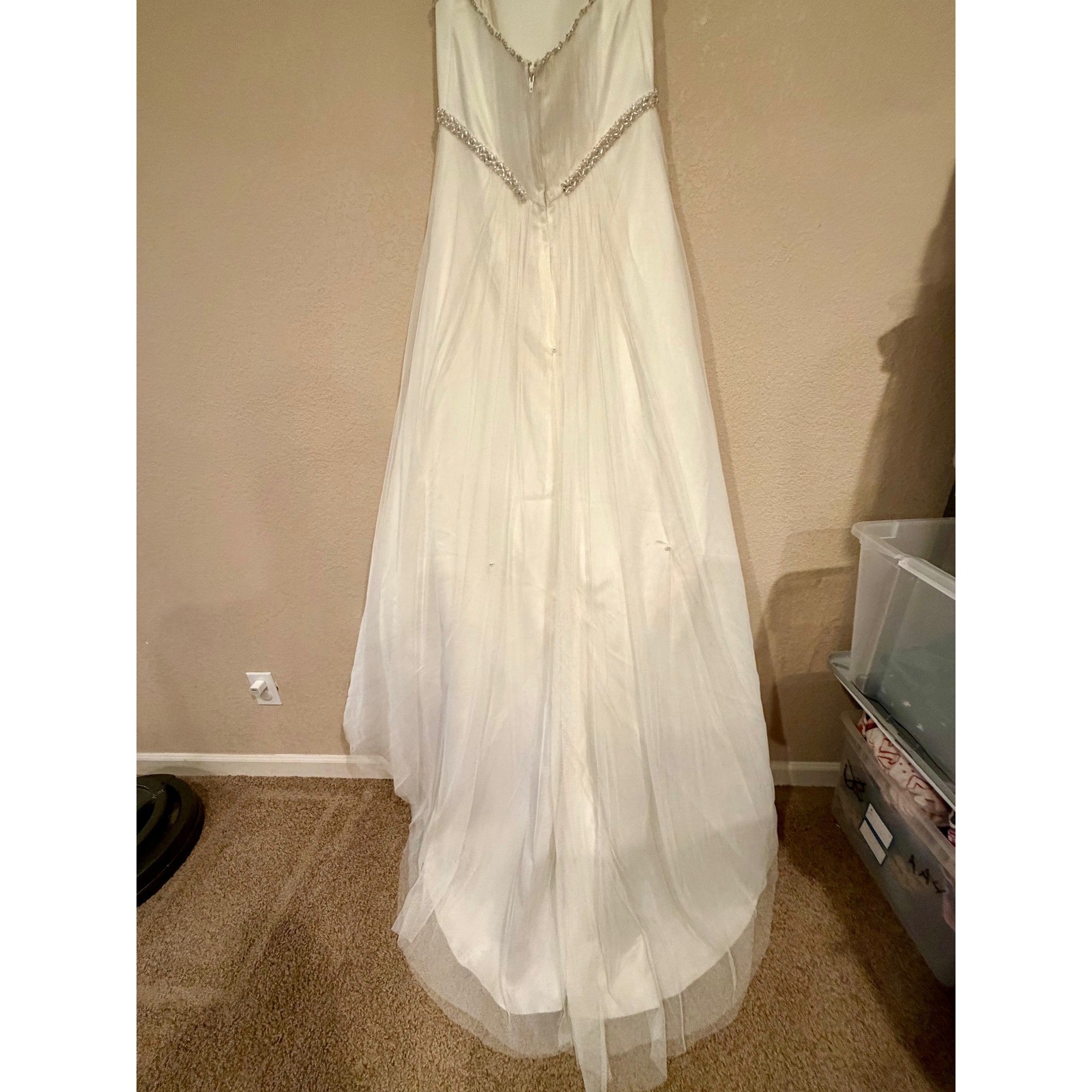 Davids Bridal Ivory Strapless Tulle Wedding Gown Size 8 Embellished Waist Beaded