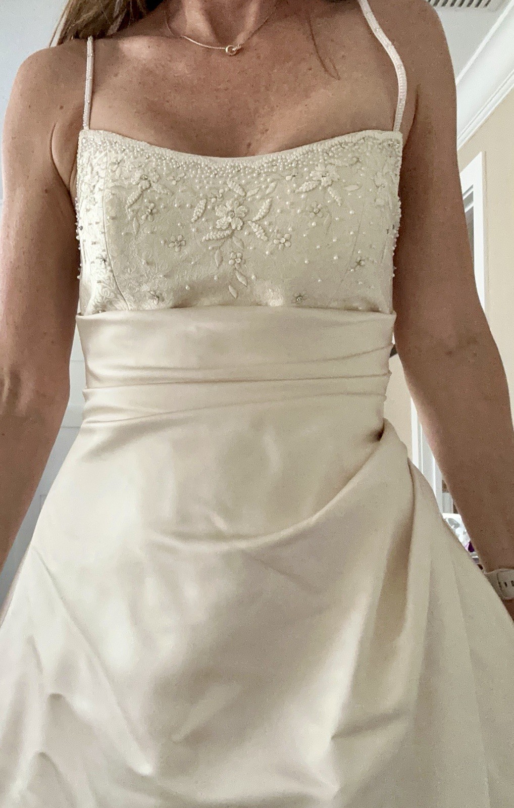 St. Patrick Ivory Satin Wedding Dress Beaded Embroidery Buttons Straps