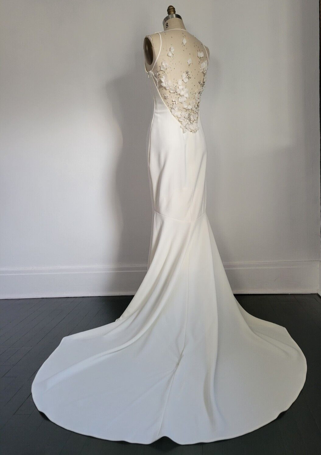 AMSALE NEW YORK ELEGANT IVORY WEDDING GOWN w/ HAND BEADED SHEER ILLUSION BACK