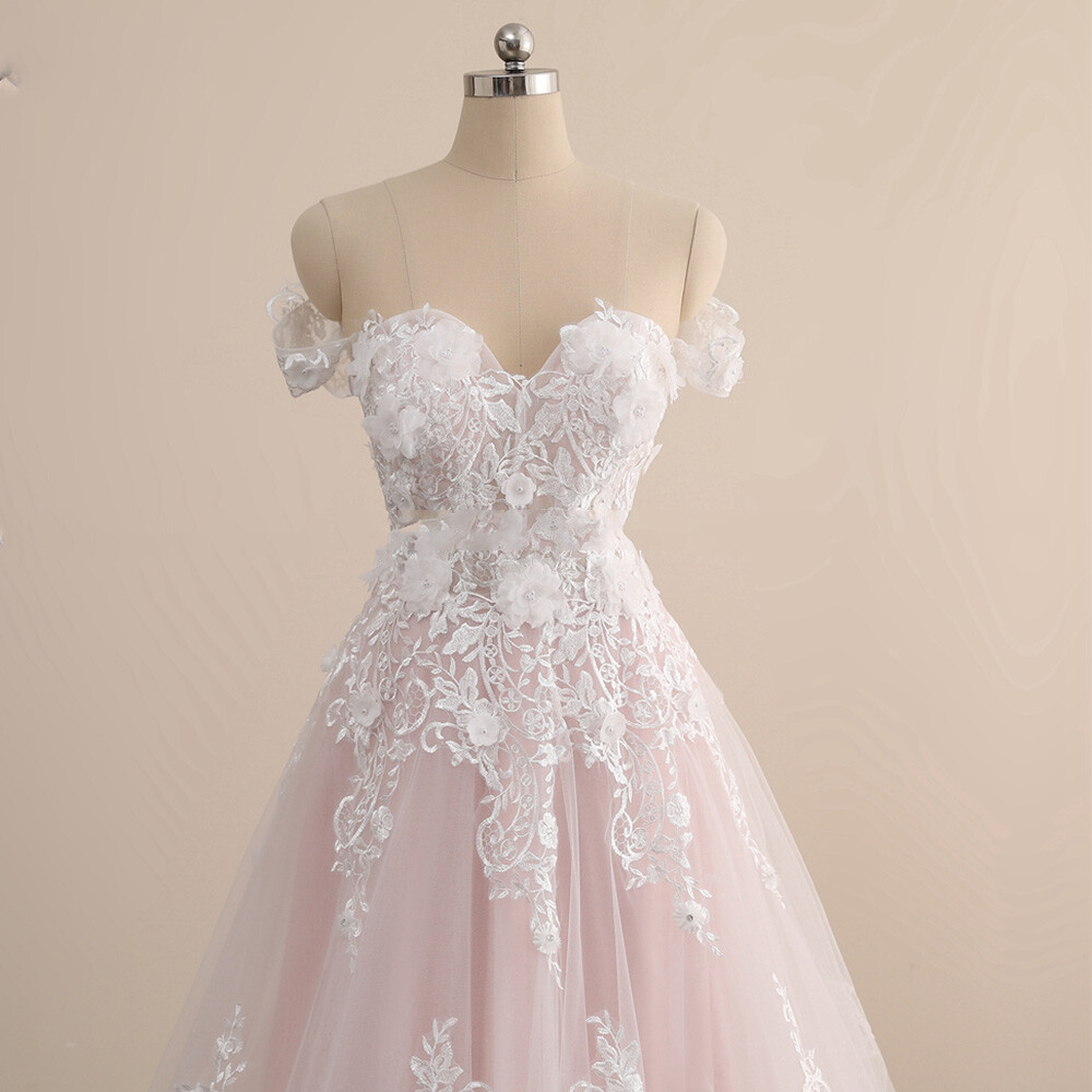 Pink Lace Wedding Dresses 3D Flowers Beaded Off Shoulder Bridal Gown Sweep Train