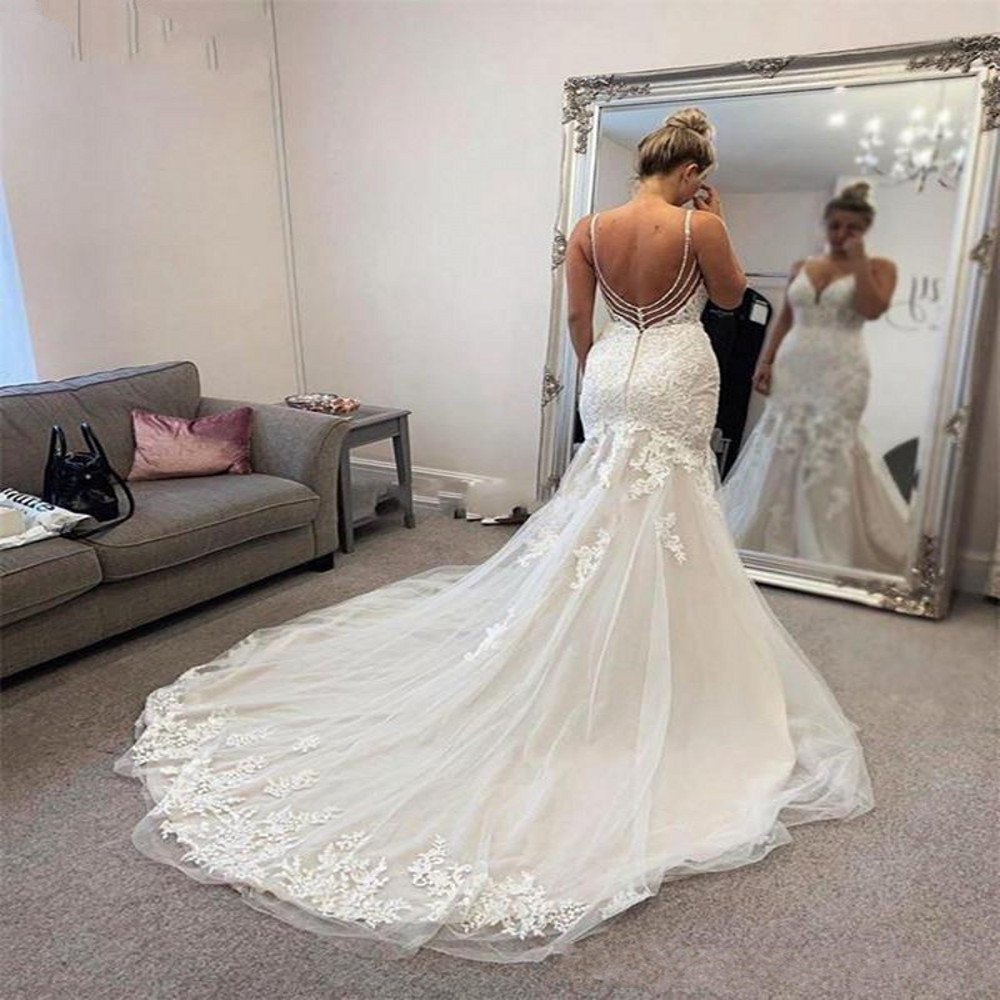 Beach Wedding Dresses Backless Sexy Mermaid Lace Spaghetti Straps Bridal Gowns