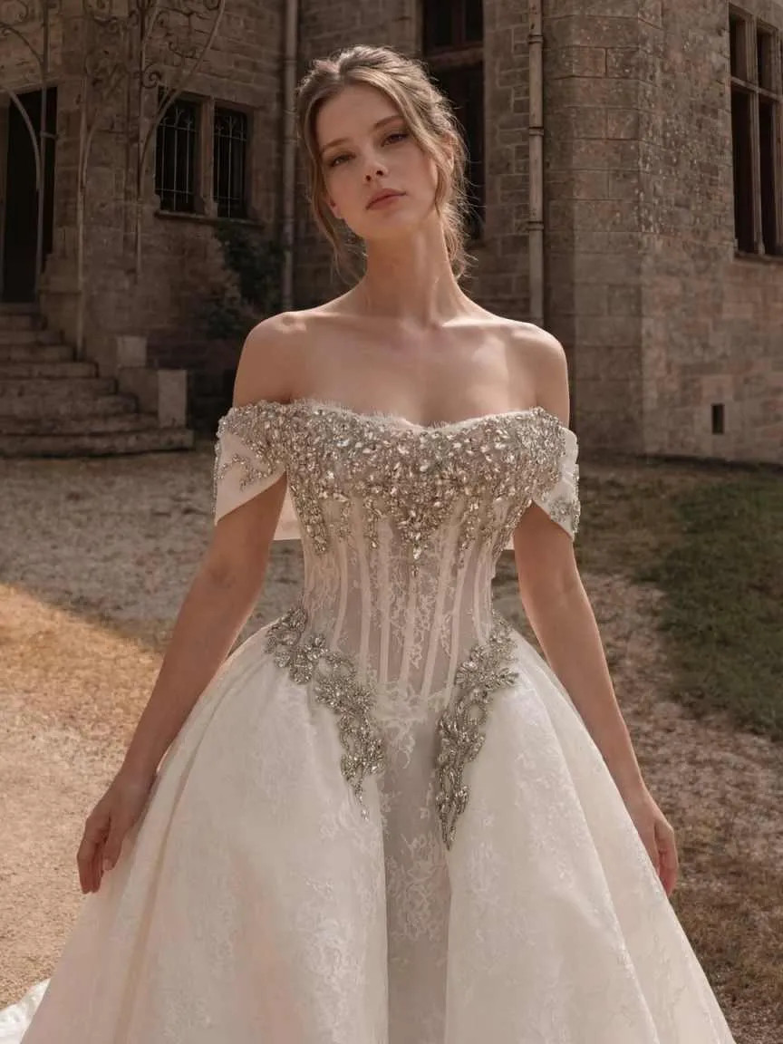 Luxury A-Line Wedding Dresses Off Shoulder Lace Crystals Appliques Brida Gowns
