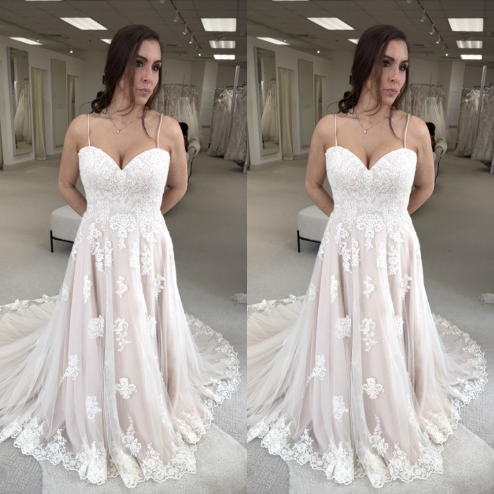 Blush Pink Wedding Dresses Spaghetti Straps Lace Applique A Line Bridal Gown