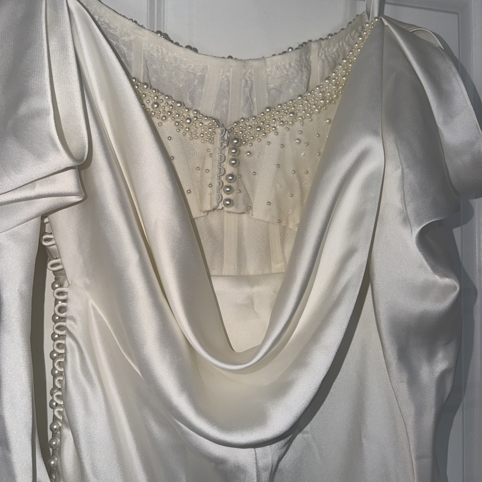 Watters Garance Satin Wedding Dress Corset Sz 16 NO TAG + Pearl Cathedral Veil
