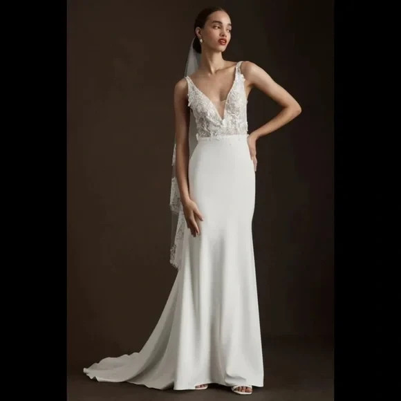 Anthropologie Wtoo by Watters Skylar V-neck Floral A-line Wedding Gown Size 8