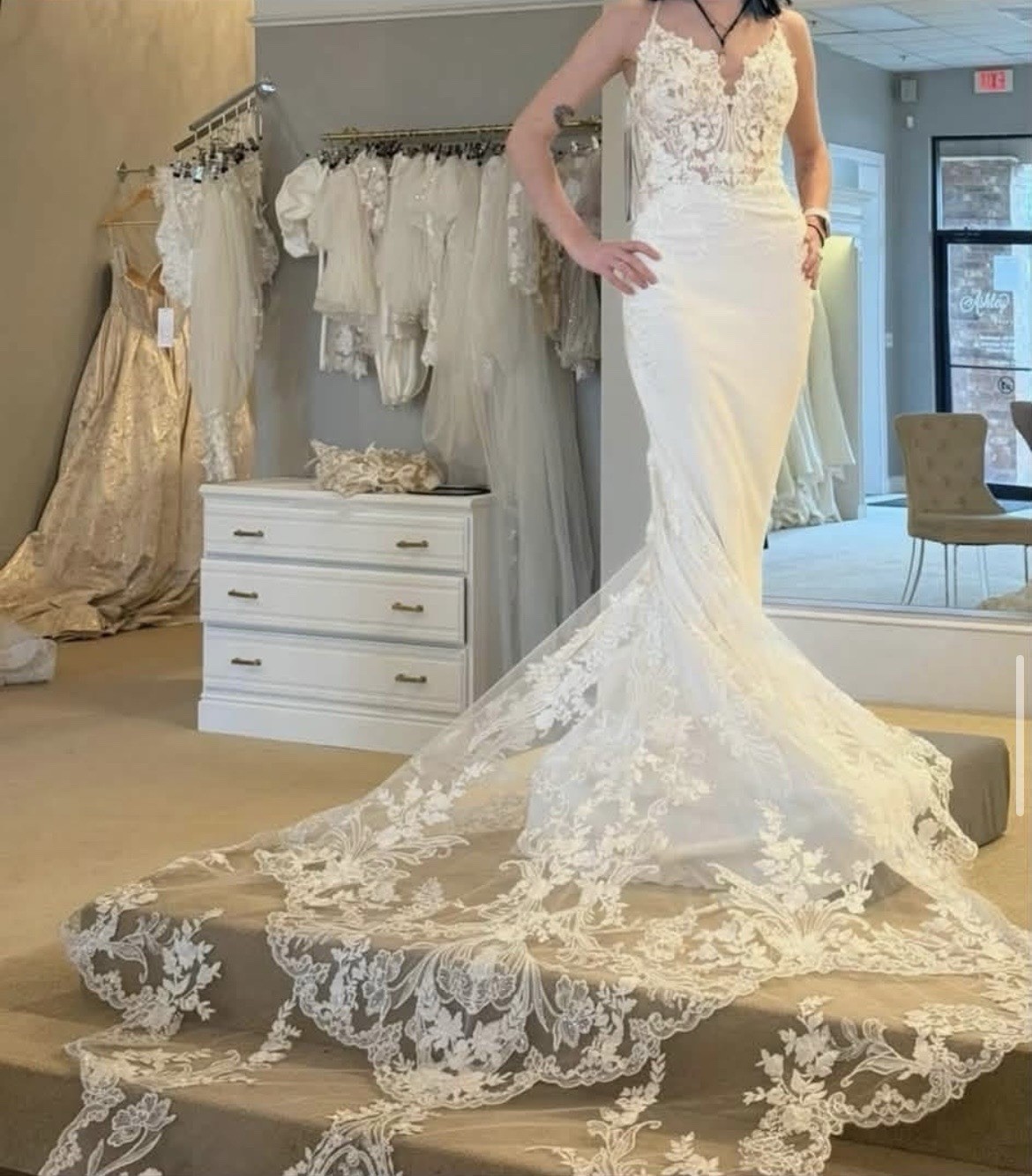 Blue by Enzoani Ivory/Nude Lace Beaded Mermaid Wedding Dress V-Neck Size 8