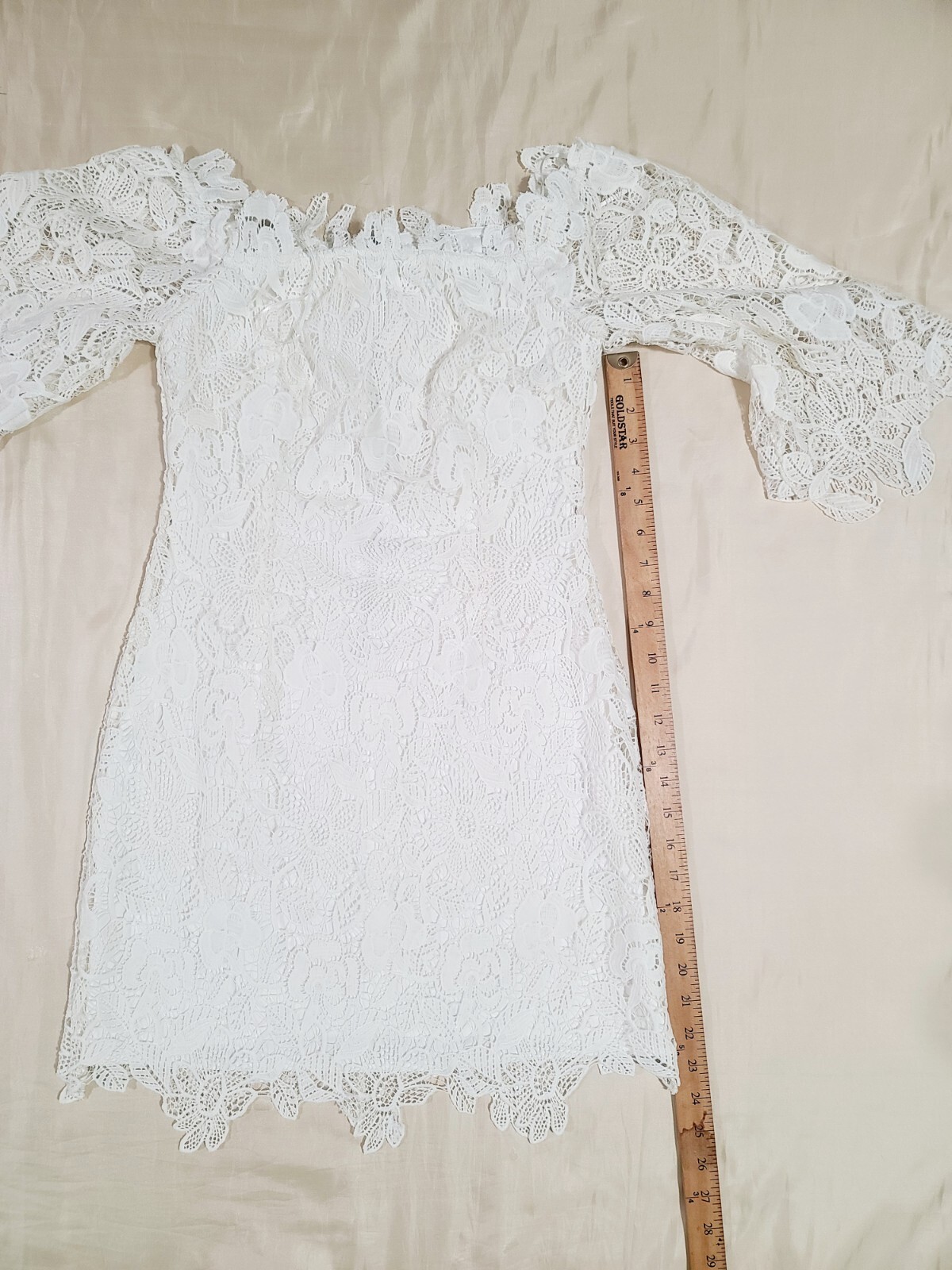 David’s Bridal Lace Sheath Wedding Dress S Off-The-Shoulder 3/4 Sleeve Ivory NWT