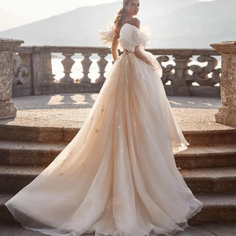 Wedding Dress Organza Embroidery Bead A-Line Ball Gown Strapless Bride Lace Up