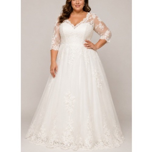 RYANTH Women’s White Lace A-Line V-Neck 3/4 Sleeve Wedding Gown Plus Size 16 NWT