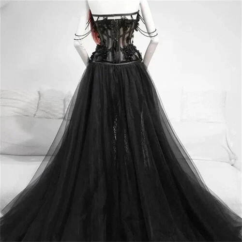 Black Gothic Lace Wedding Dresses Fairy Tulle Forest Bridal Gowns Applique