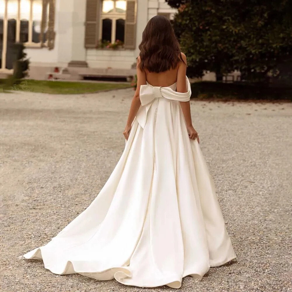 Beach Satin Wedding Dresses One Shoulder Backless Pleated Side Slit Bridal Gowns