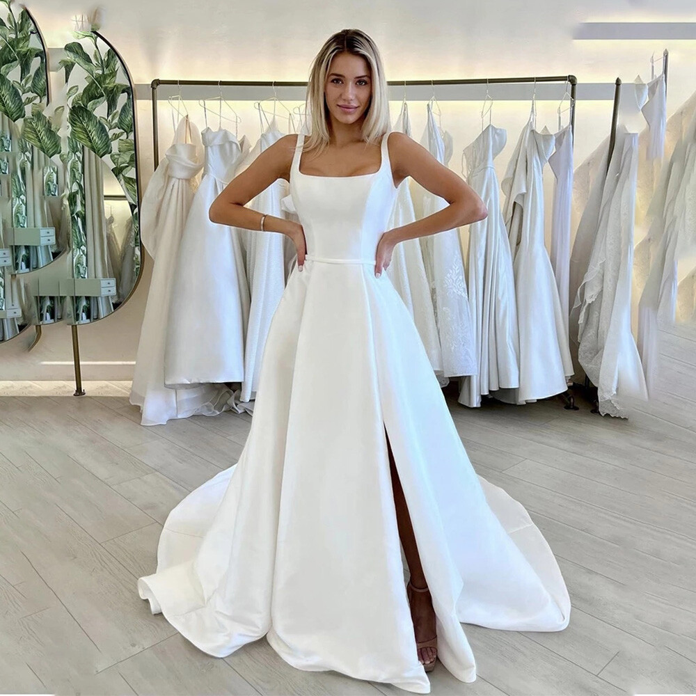 Simple Satin Wedding Dresses with Side Split Square Neck White Ivory Bridal Gown