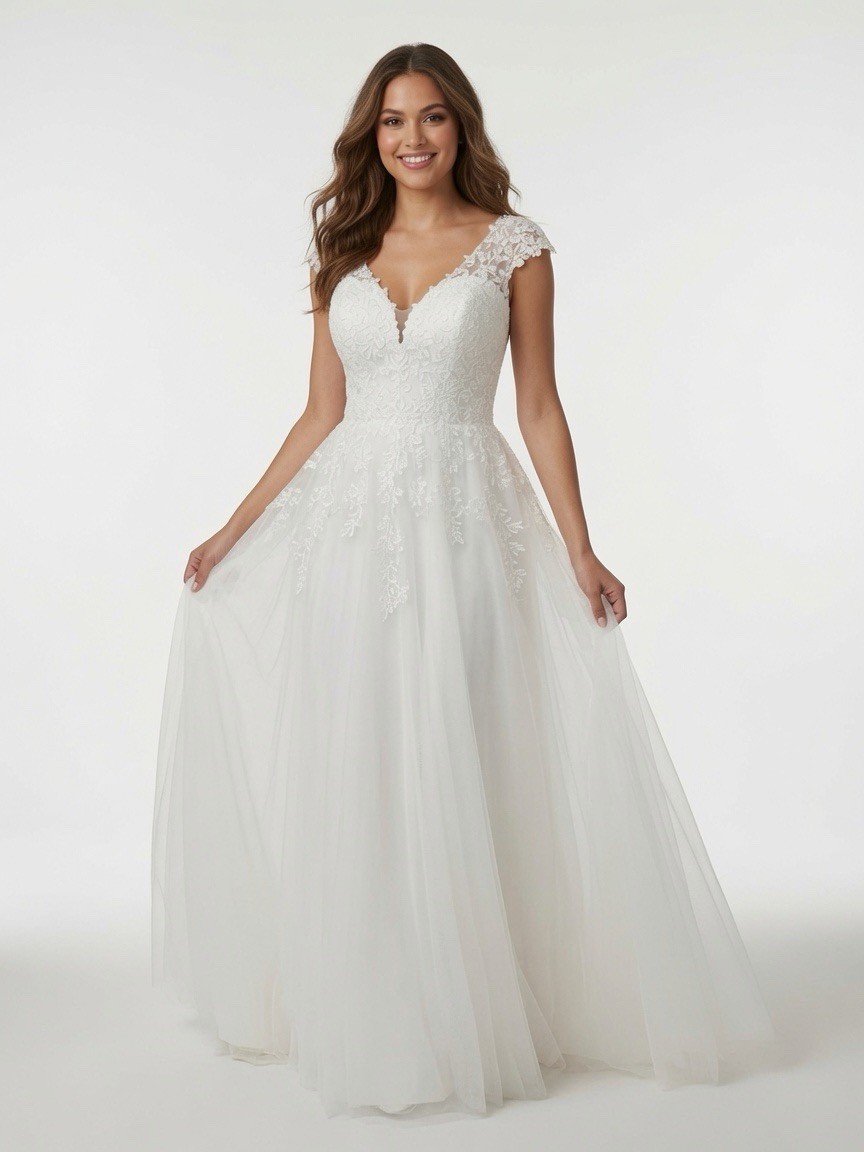 Women’s Size 20 Lace Wedding Dress A-Line V-Neck Tulle Bridal Gown White