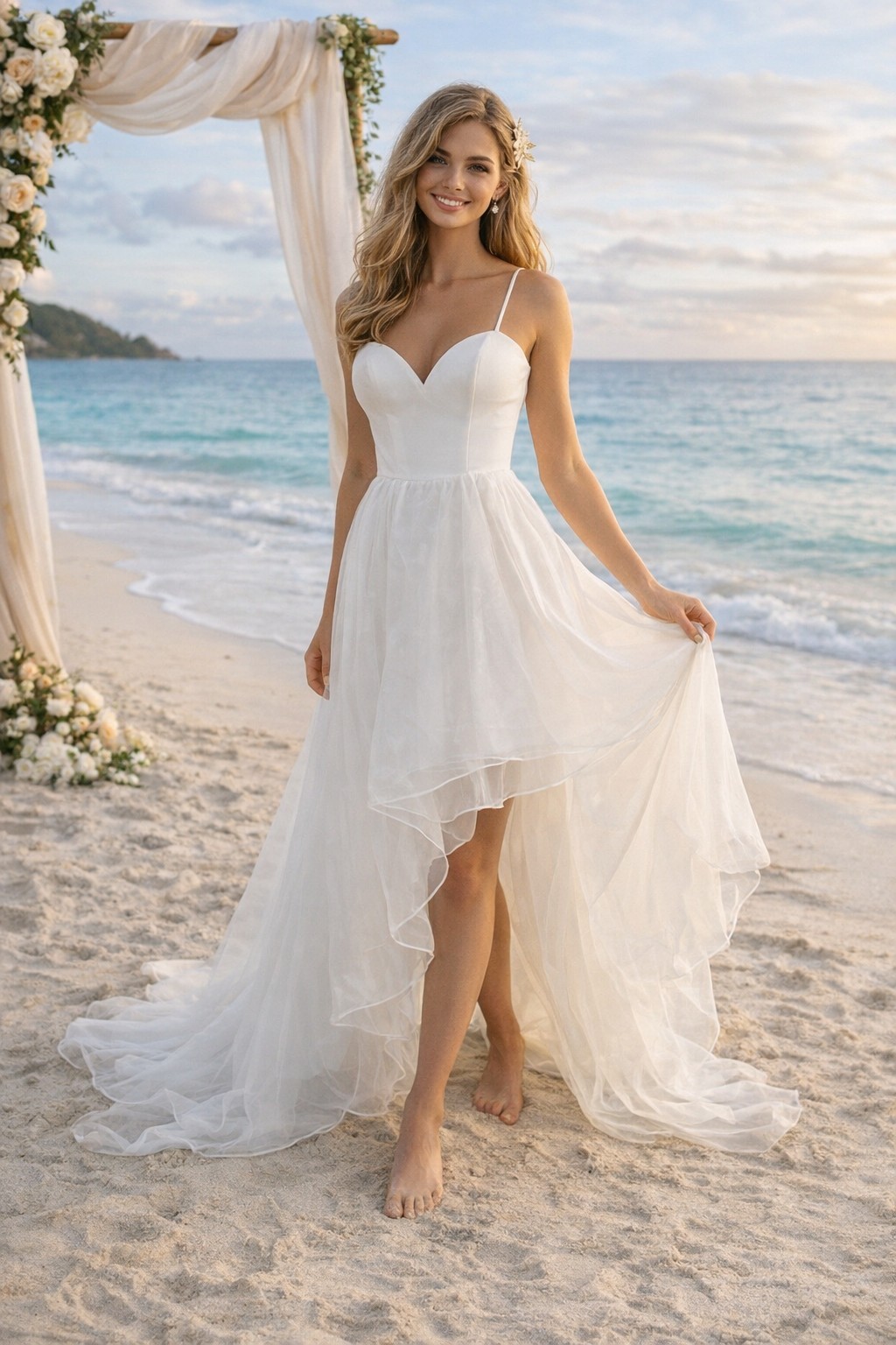 ChicLody White Beach Wedding Dress Corset Back High Low Tulle Bridal Gown NWT S