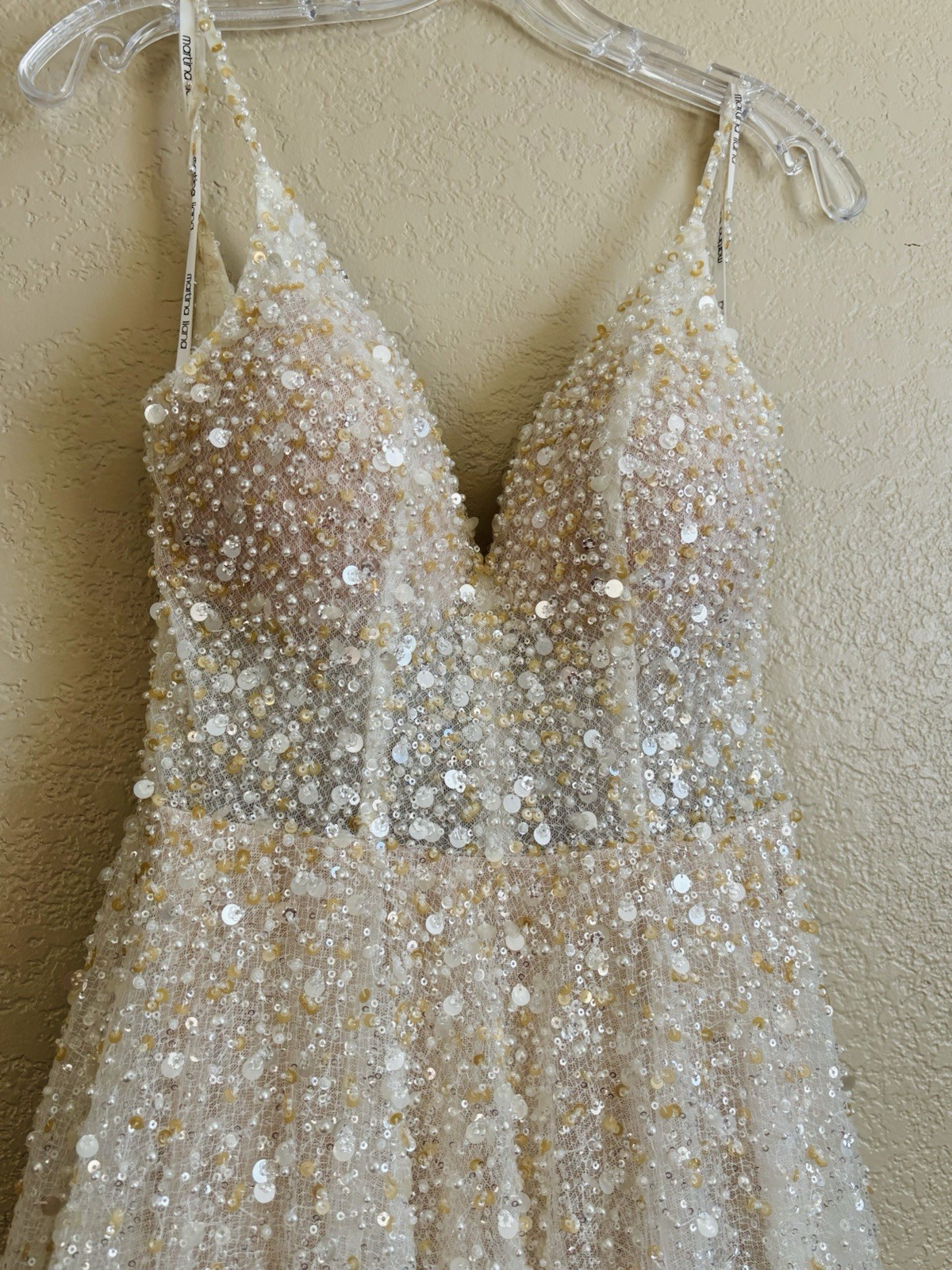 Martina Liana Size 10 Ivory/Champagne Sequin Beaded V-Neck A-Line Gown