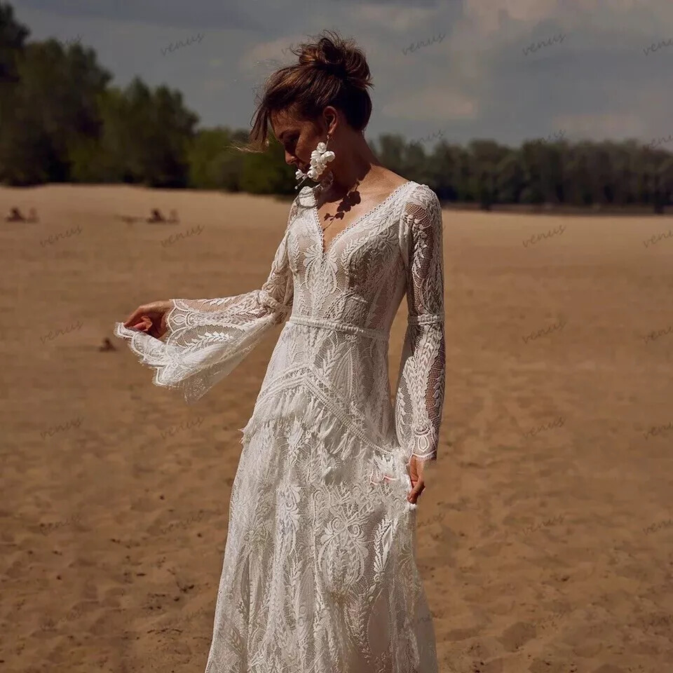 Boho V Neck Wedding Dress Long Sleeves Lace Off-Back A-Line Train Bridal Gown=-=