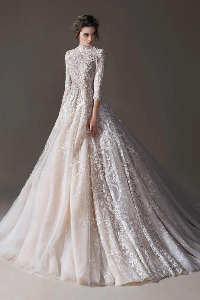 Exquisite A-Line Wedding Dress High Neck Long Sleeves Lace Applique Bridal Gowns
