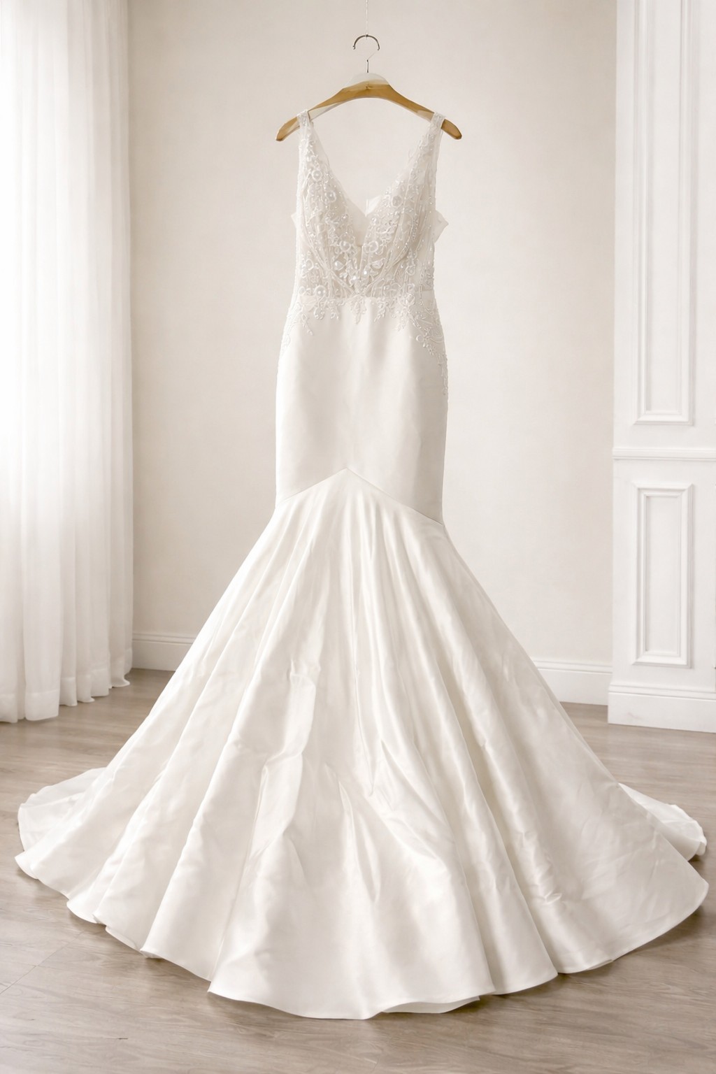 White Sleeveless V Neck Mermaid Wedding Dress with Train Lace Buttons