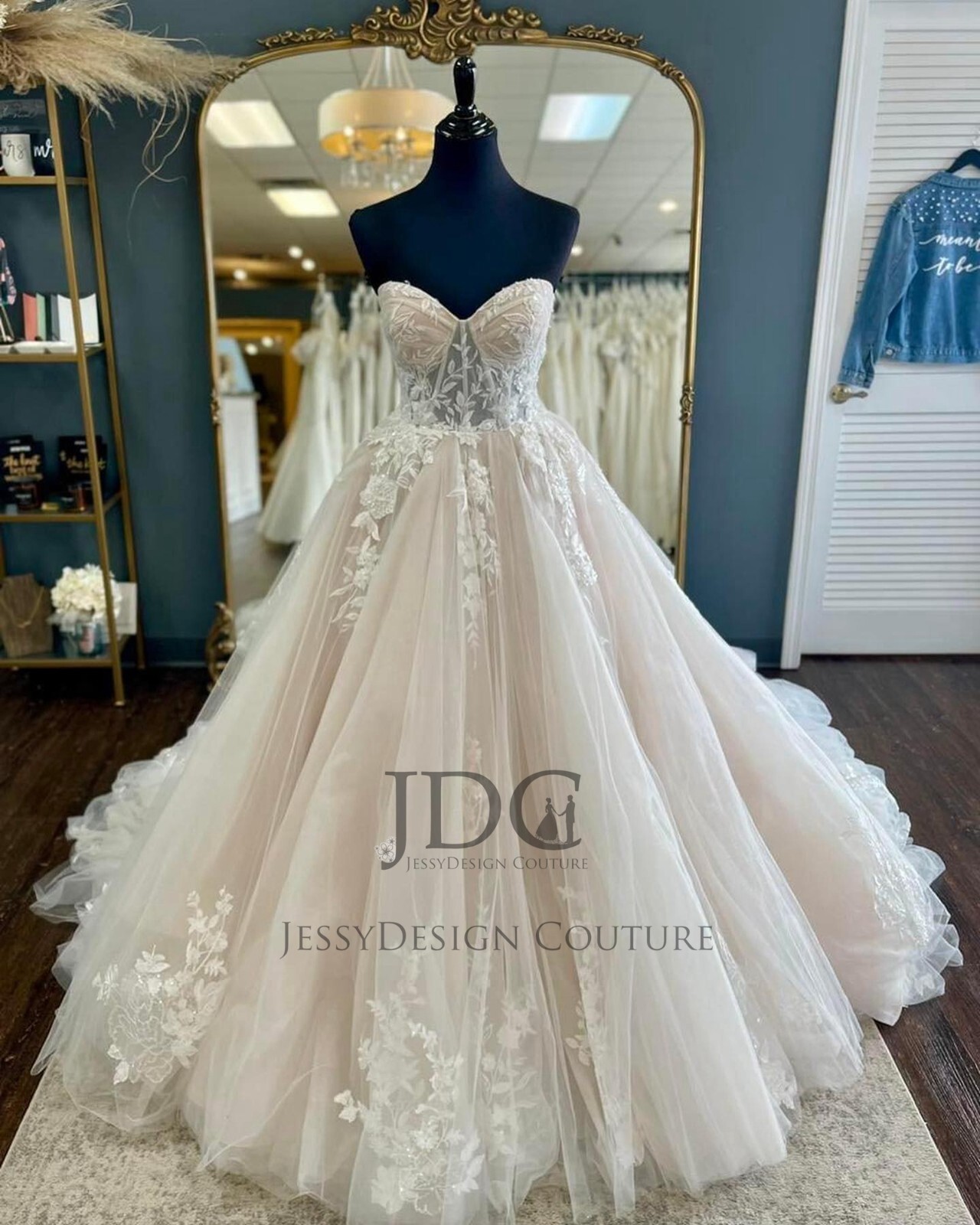 Fairytale Lace Wedding Dress Ball Gown Custom made 2-28W Illusion Corset Blush