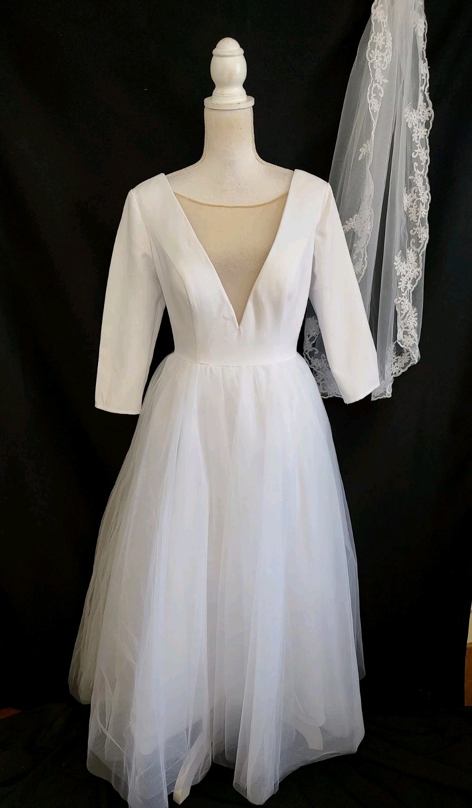 NWT Merry’s Wedding Dress Tea Length Tulle Skirt Illusion Deep V Button Back 12