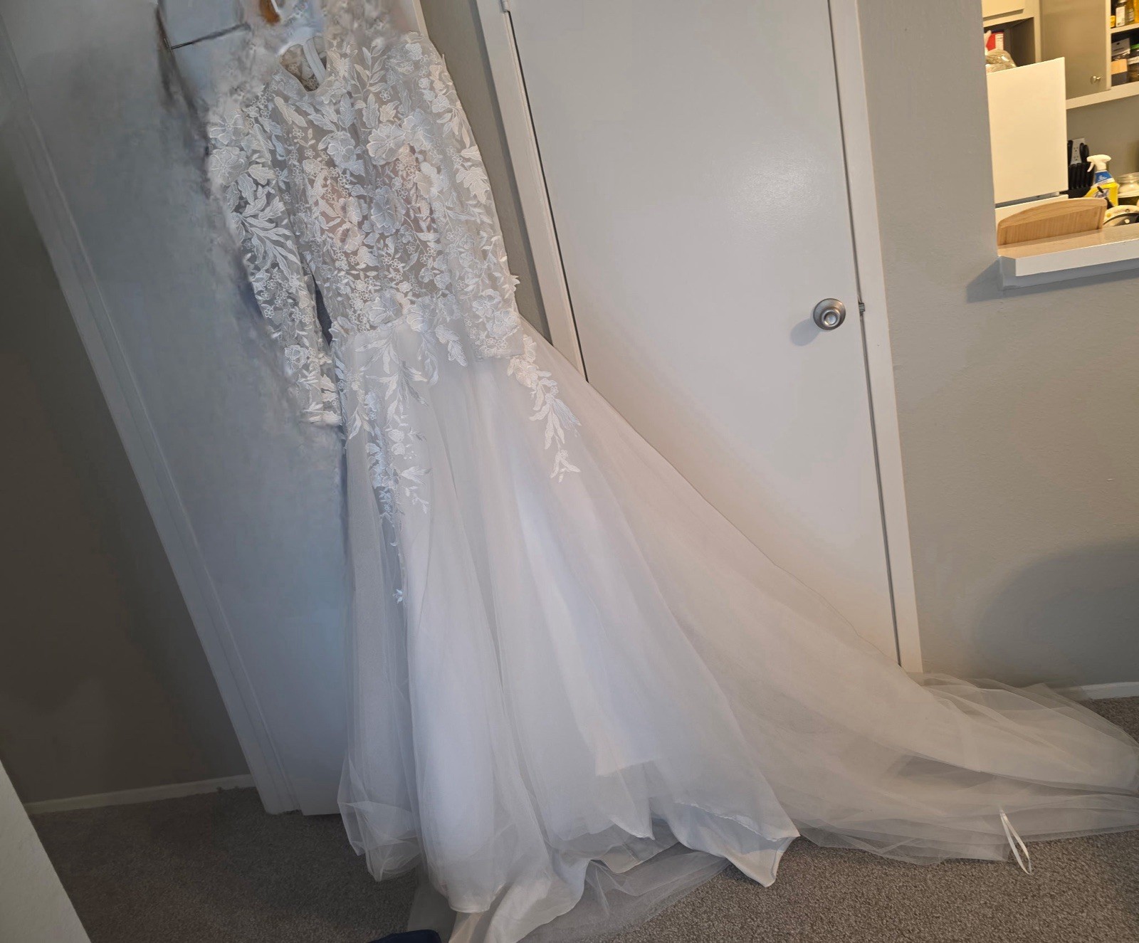 VM by Di France White Lace Long Sleeve A-Line Wedding Dress with Train