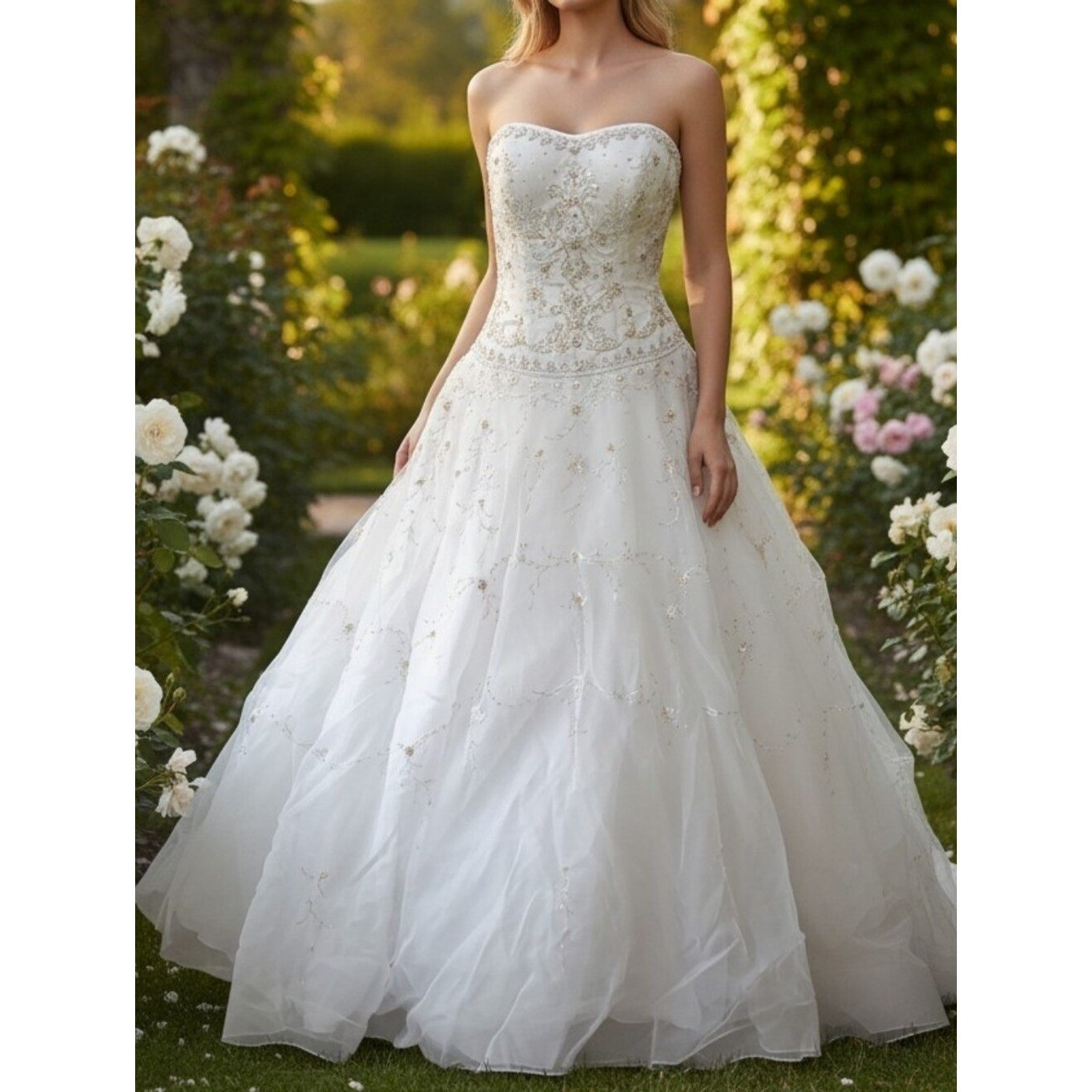 Oleg Cassini White Strapless Gold And Silver Beaded Ball Gown Womens Size 10