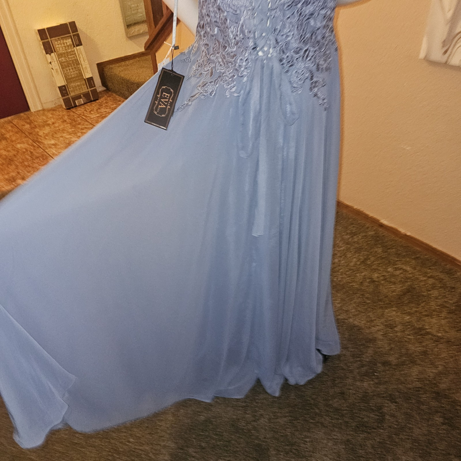 Eva Dress Slate Blue L Off-shoulder EV5239 Chiffon Corset Back NWT