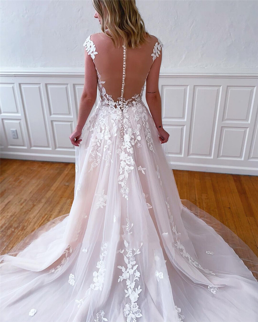Sexy V Neck Blush Pink Wedding Dresses A Line Lace Appliques Bridal Gowns Custom