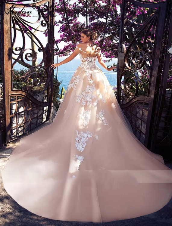 Beauty 3D Flowers Appliques Scalloped A-Line Wedding Dresses Off The Shoulder