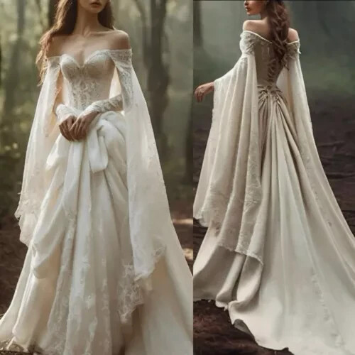 Vintage off-shoulder wedding dress with cape lace appliqué bride gown