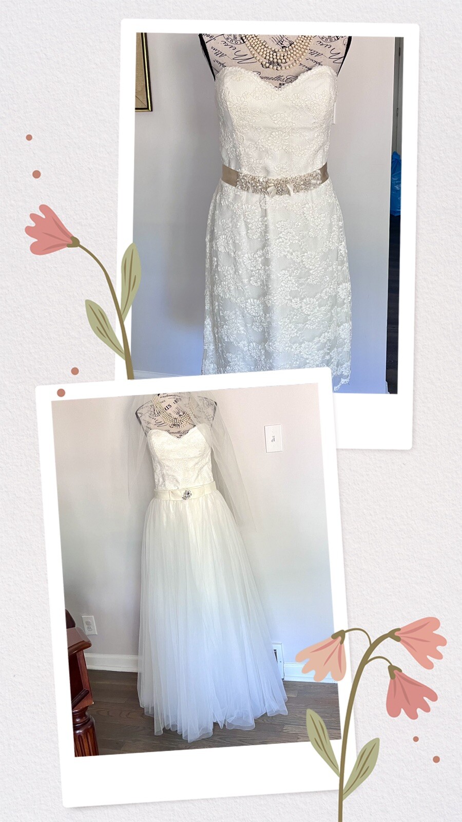 Wtoo by Watters Wedding Dress 2 In 1 Lined Tule Skirt &Lace Dress Bridal Size 12