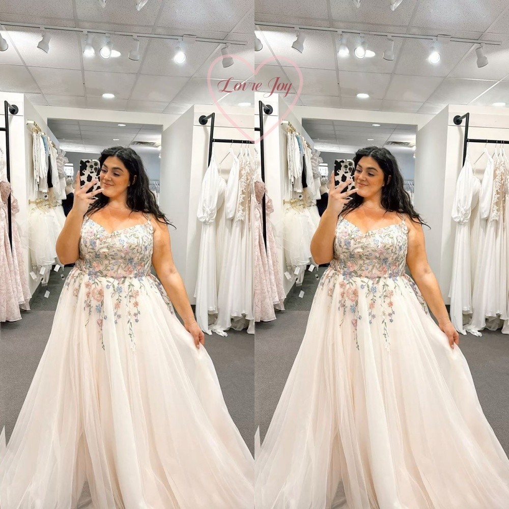 Plus Size Floral Embroidered A-Line Wedding Dress Blush Pink Tulle Bridal Gowns