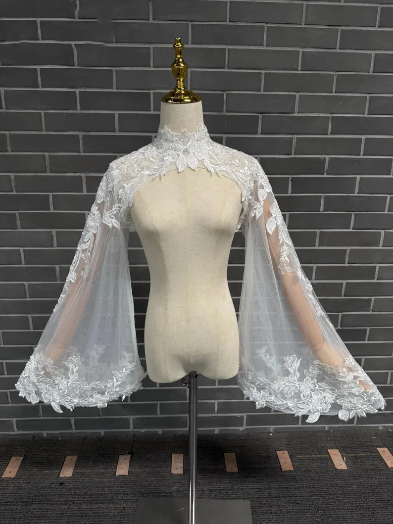 Wedding Jacket Lace Appliques Long Sleeves Bride Capes High Neck Bridal Bolero